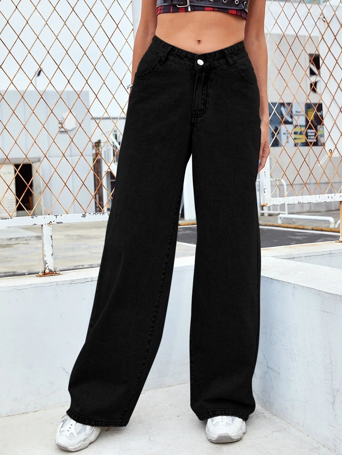 Jeans Women Long Pant Denim Pants Straight Trousers Elegant Splice Button High Waist Regular Casual Loose Autumn Winter