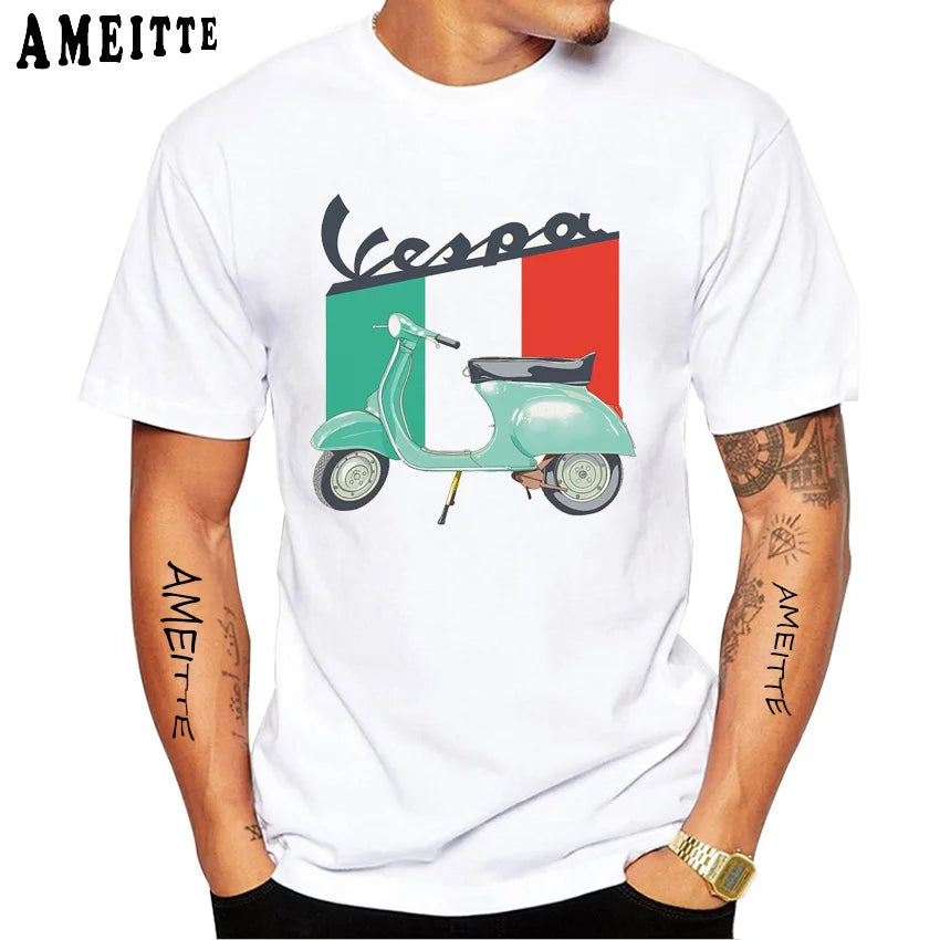 New Summer Men's Short Sleeve Retro Classic Vespa Italy Scooter Art Print T-Shirt Hip Hop Boy Casual White Tops Vintage Man Tees