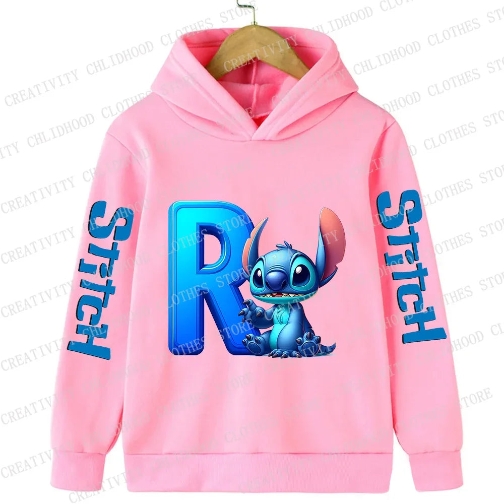 Stitch Children Hoodies 26 English Letters ABCD Kids Winter Pullover Casual Clothes Kid Girl Boy Cartoon Kawaii Tops Sweatshirts