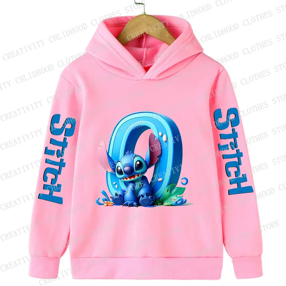 Stitch Children Hoodies 26 English Letters ABCD Kids Winter Pullover Casual Clothes Kid Girl Boy Cartoon Kawaii Tops Sweatshirts