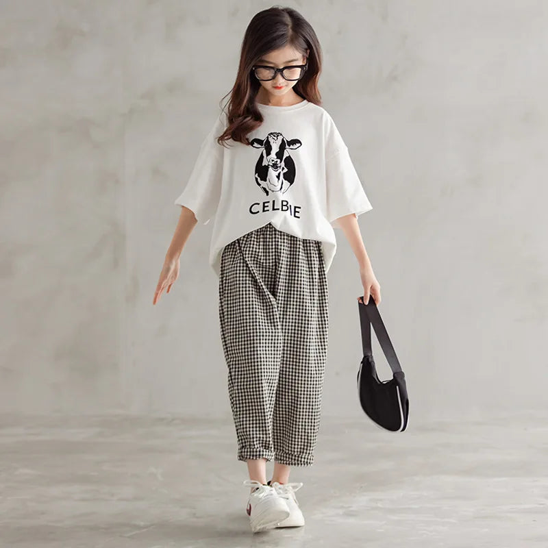 2024 Teenager spring Kids Girls clothes cotton cow half sleeve Outfit Tops t shirt + plaid ankle-tie Pants 6 7 8 9 10 11 12 year