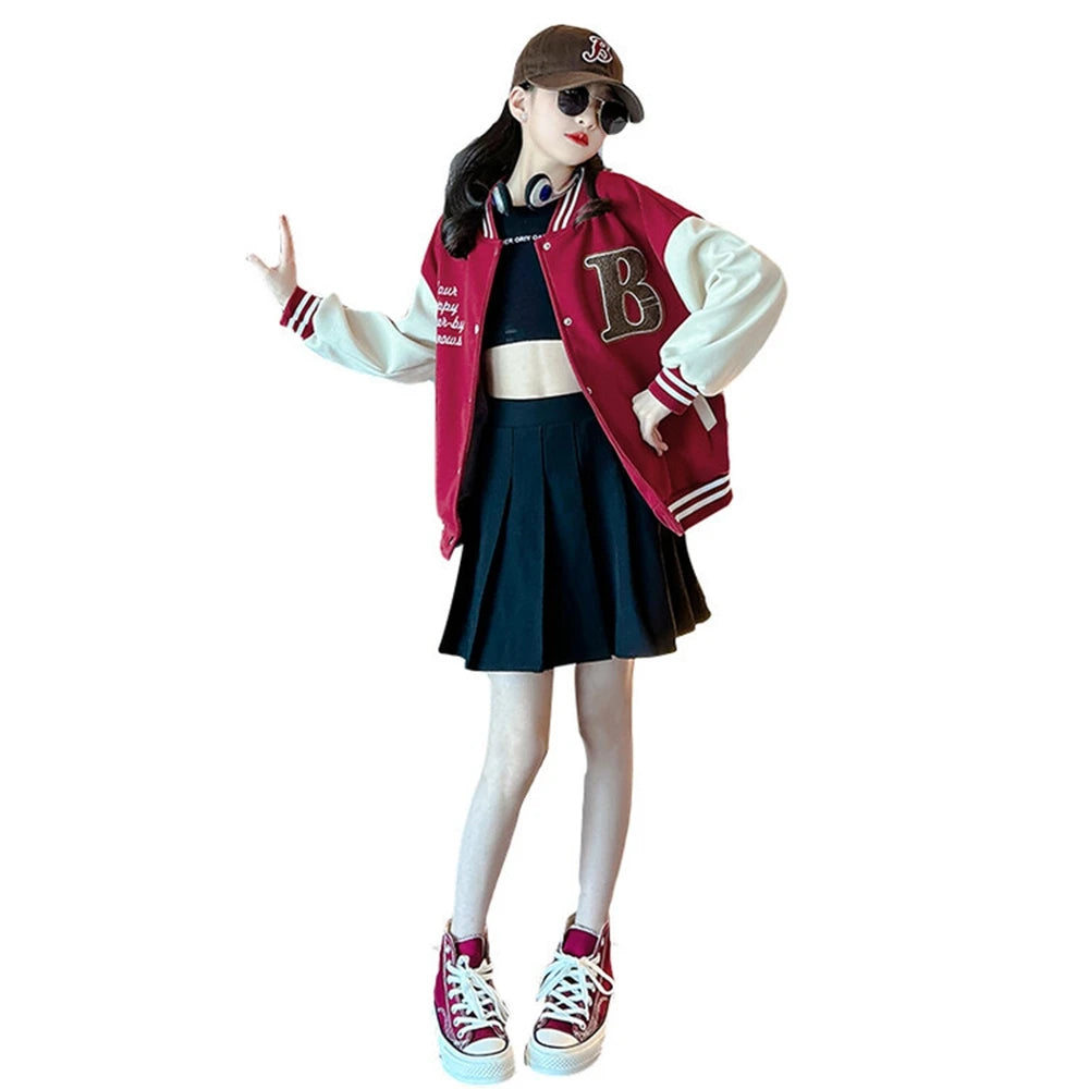 Spring Fall New Girls Baseball Jacket Fashion Splicing Teen Kids Outerwear Loose Casual School Children Clothing 10 12 14 Years