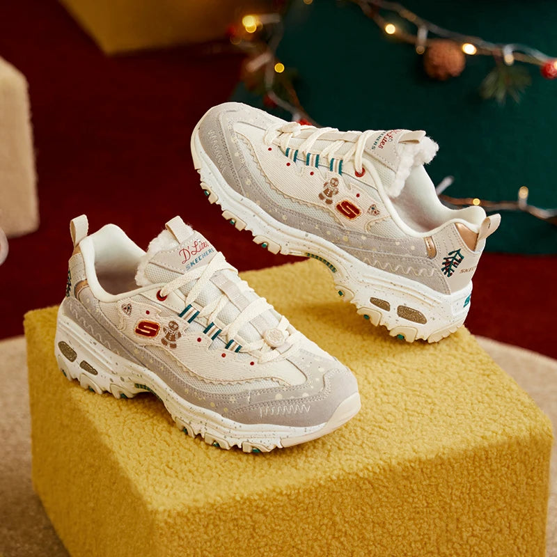 Skechers Shoes for Women "D'LITES 1.0" Dad Shoes, Retro Christmas Gingerbread Shoes Cashmere Panda Chunky Sneakers