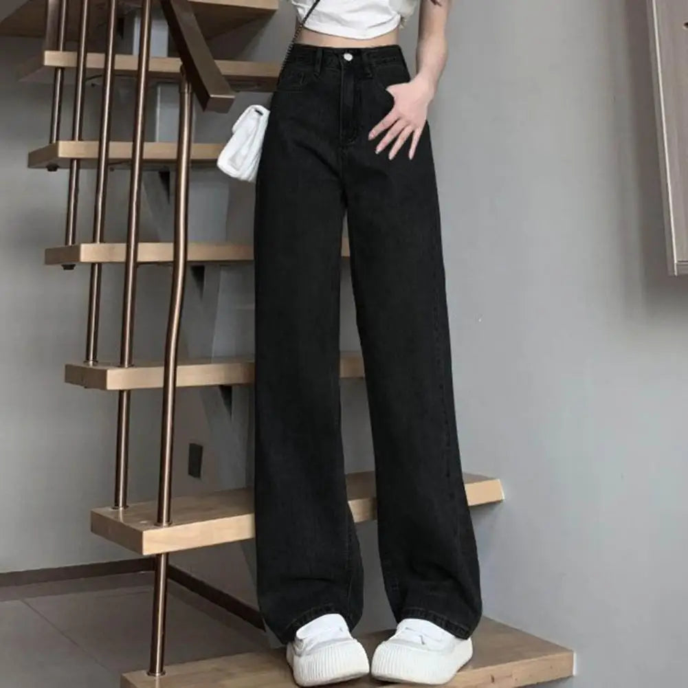 Women Jeans High Waist Button Zipper Closure Vintage Loose Fit Pockets Straight Wide Leg Streetwear Pants Daily Wear Long Trouse