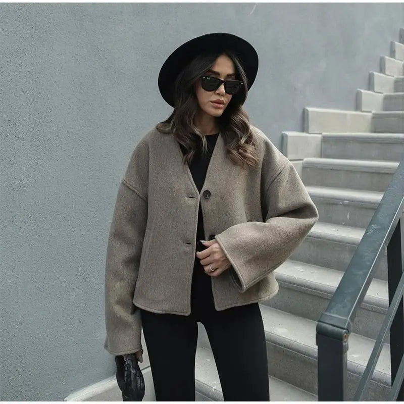 Chic Single Breasted V-neck Oversized Jackets Women's Fashion Solid Long Sleeve Warm Woolen Coats 2024 Lady Casual Streetwear