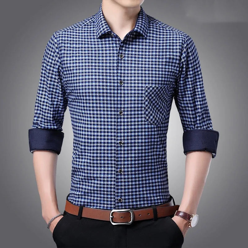 Spring Autumn Men's Turn-down Collar Plaid Stripe