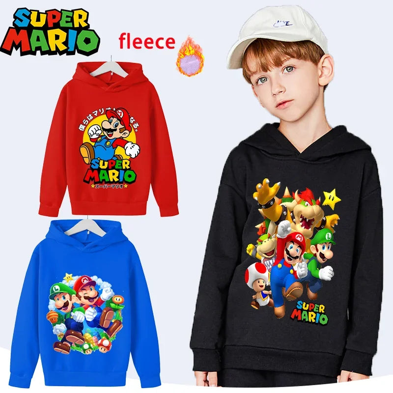 Super Mario Bros Kids Clothes Princess Peach Luigi Fleece Sweatshirts Cartoon Game Character Pattern Long Sleeves Baby Show Gift