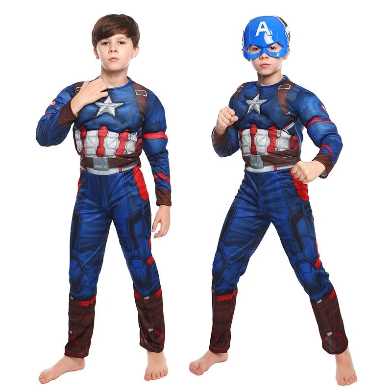 Superhero Spider Man Captain America Iron Man Thor Hulk Cosplay Costume Muscle Bodysuit Jumpsuit for Kids Halloween Party