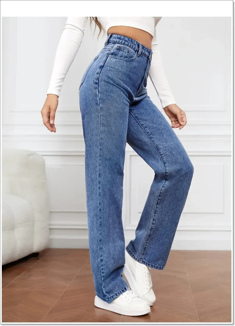 Women Jeans Straight Pants Denim Washing High Waist Loose Fit Pockets Basics Ankle Length Pants Solid Color Slight Strech