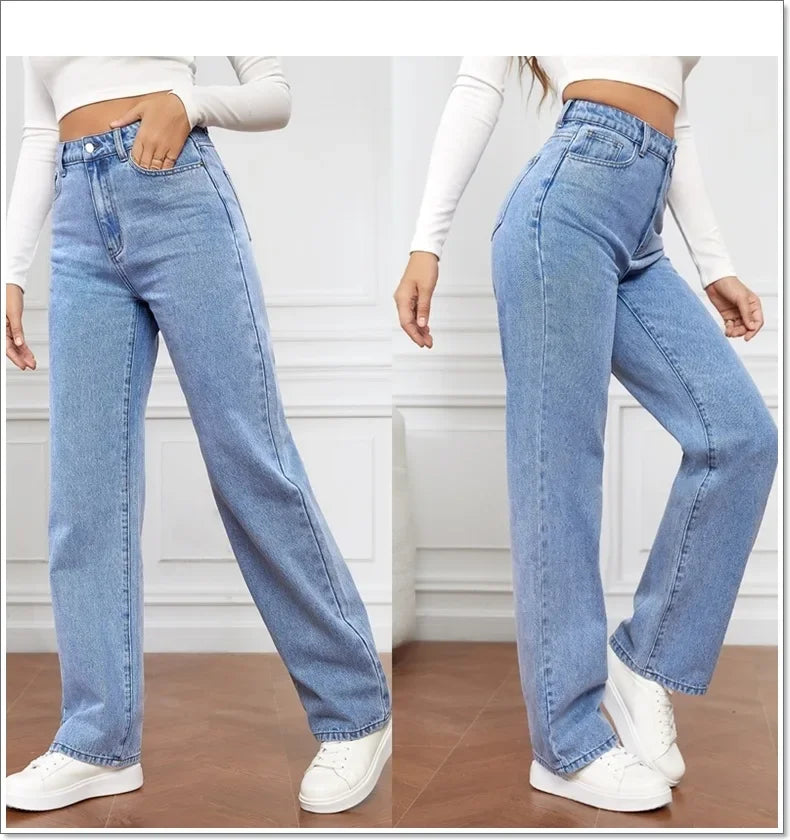 Women Jeans Straight Pants Denim Washing High Waist Loose Fit Pockets Basics Ankle Length Pants Solid Color Slight Strech