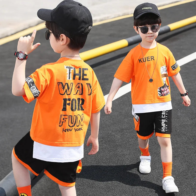 2pcs 2024 spring hip hop Children Summer Boys Clothes Set T shirt + Pants Casual Sports Kid Tracksuit Teen 4 6 8 9 10 12 Years