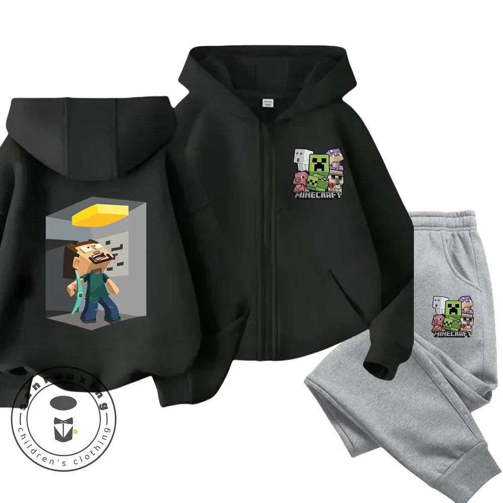 Minecraft Anime Printed Boys and Girls Hoodies Hoodies Zipper Set Casual Sports Fashion Top Pants 3-14 Years Old