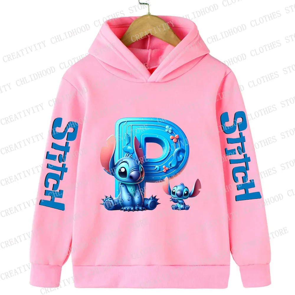 Stitch Children Hoodies 26 English Letters ABCD Kids Winter Pullover Casual Clothes Kid Girl Boy Cartoon Kawaii Tops Sweatshirts