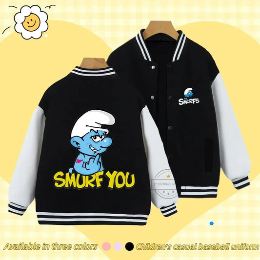 Smurfs Anime Men and Women's Casual Fashion Sports Baseball Jacket Cardigan Sweatshirt Jacket 3-14 Years Old Autumn