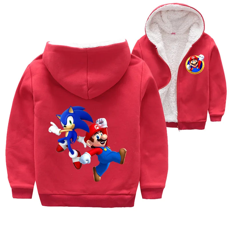 Mario Game Anime Peripheral Children's Clothing Warm Jacket Thickened Velvet Hooded Zipper Cardigan Coral Velvet Winter Coat