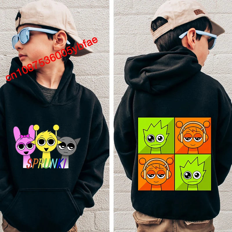 Cartoon Sprunki print kids hoodie black sports sweater casual children's clothing for boys