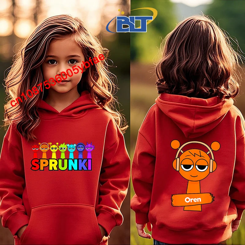 Cartoon Sprunki printed children's clothing kids hoodie red sports sweater casual tops for girls