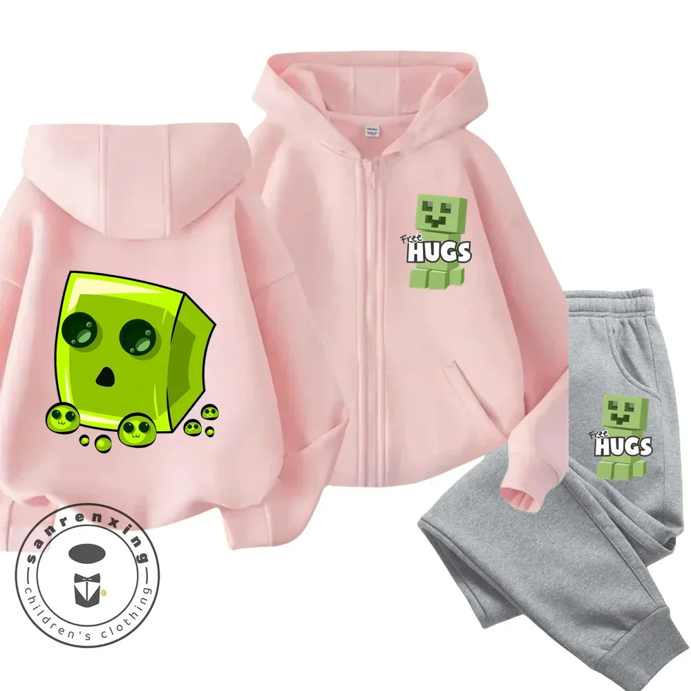 New Disney Minecraft Printed Pattern Children's Zipper Hoodie Set Cute Girls' and Boys' Casual Sports Hoodie Set Campus Style