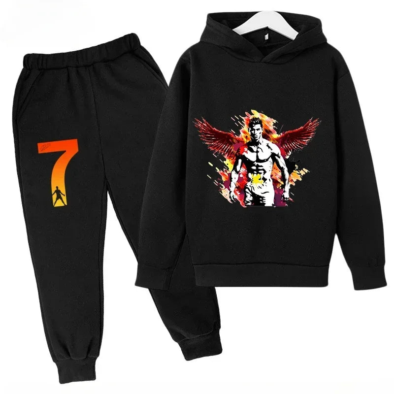 Children's Sports Hoodie Set Sweatshirt Pants 2-piece Set for Boy and Girl Ronaldo Avatar Printed Kid Clothes Baby Set Sportsuit