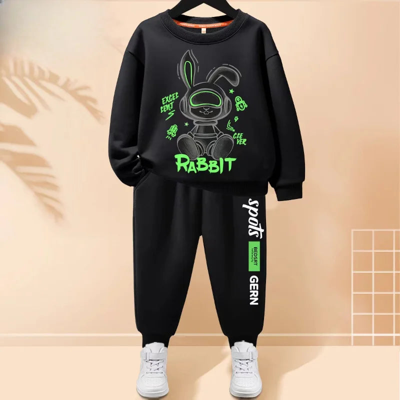 Autumn Children Boy Clothes Set Kid Girls Cartoon Rabbit Printed Sweatshirts Pullover Top And Pants 2 Pieces Suit Tracksuits