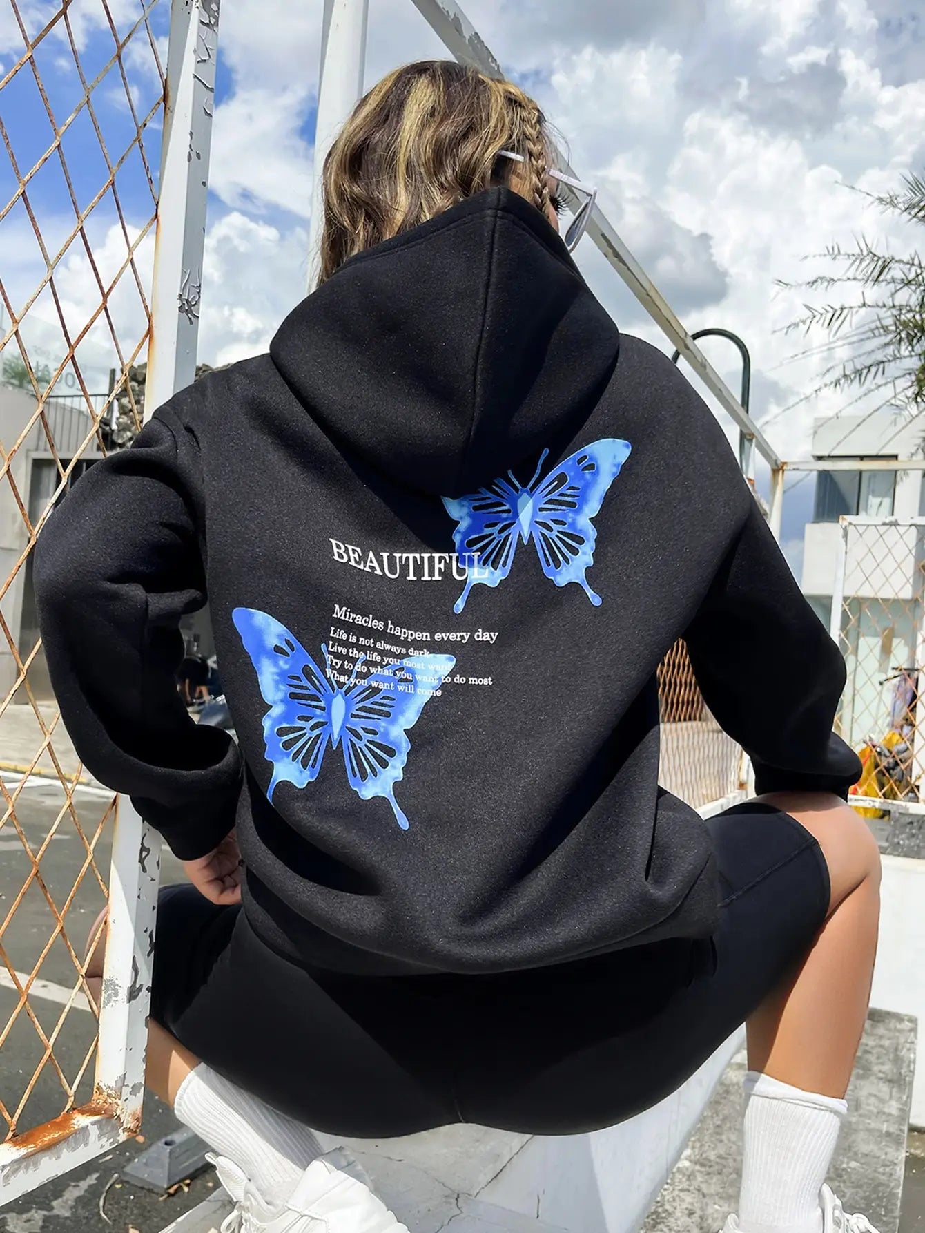 Blue Butterfly Art Letter Slogan Design Women Hoodie Comfortable Pullovers