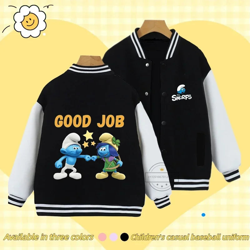 Smurfs Anime Men and Women's Casual Fashion Sports Baseball Jacket Cardigan Sweatshirt Jacket 3-14 Years Old Autumn