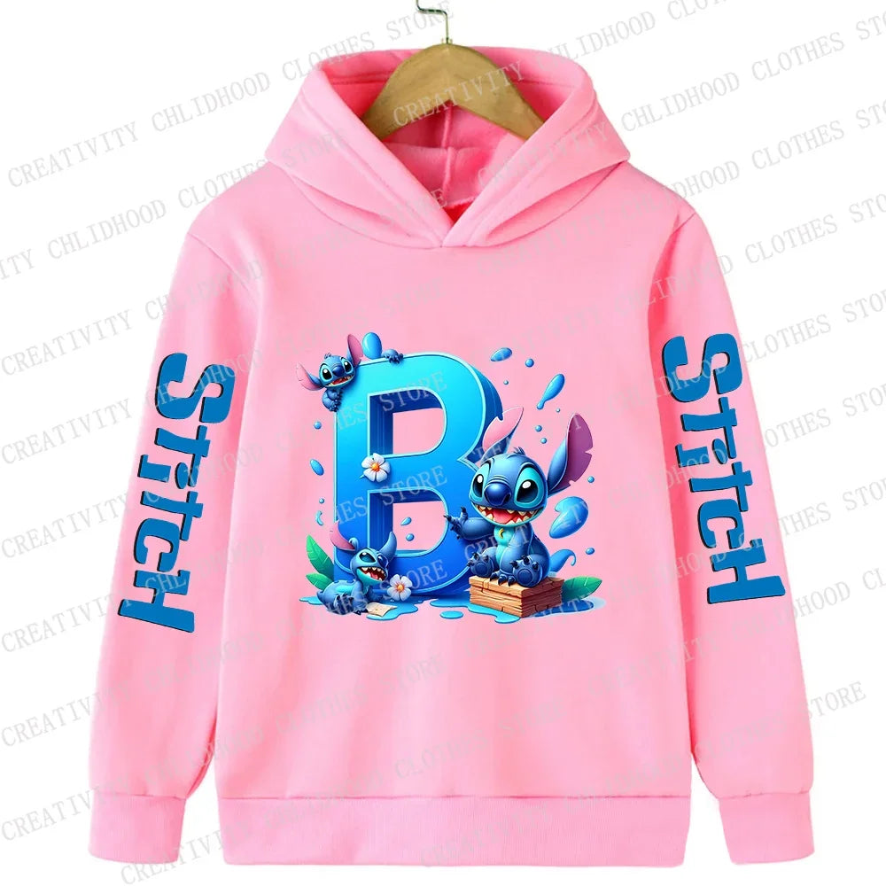 Stitch Children Hoodies 26 English Letters ABCD Kids Winter Pullover Casual Clothes Kid Girl Boy Cartoon Kawaii Tops Sweatshirts