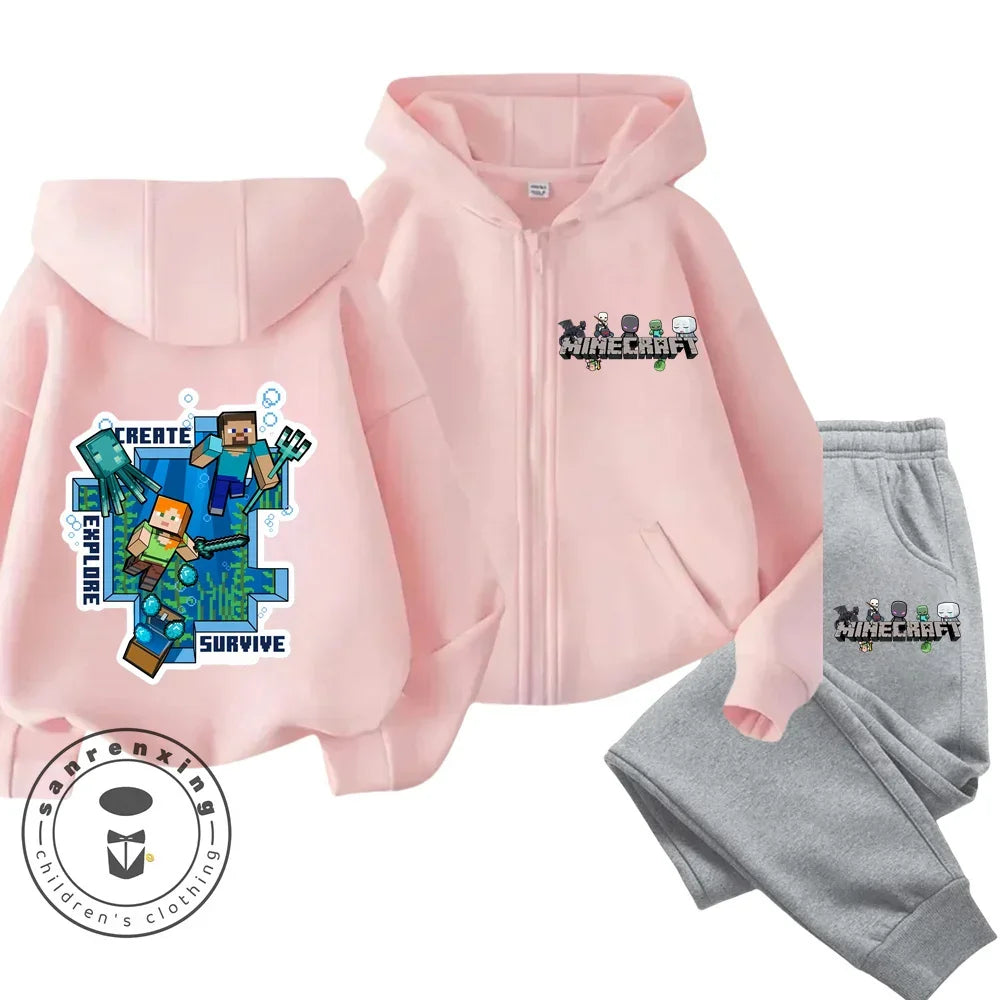 Cartoon Printed Minecraft Boy Zipper Hoodie Set Casual Sports Shirt Quality Comfortable Girl Clothing Autumn/Winter New Hoodies