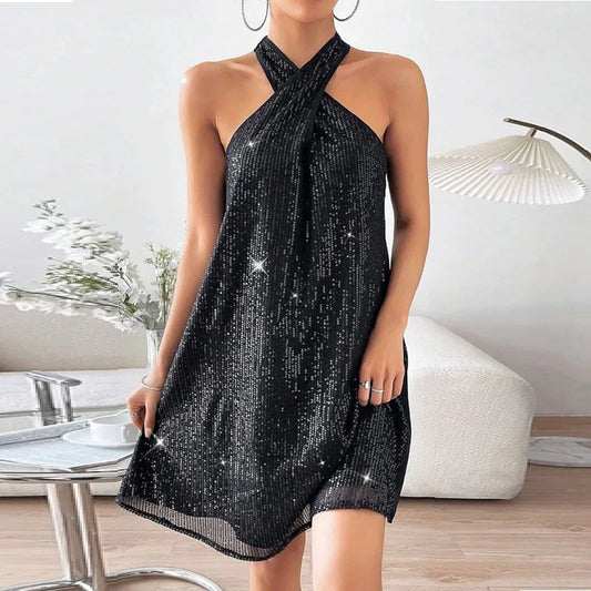 2024 New Casual Loose Skinny Off Shoulder Sexy Sequins Mini Dress for Ladies