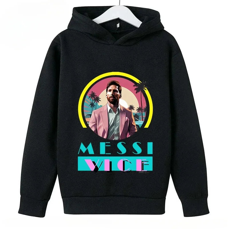 2024 Children's Sports Hoodies Spring and Autumn Children's Wear Pullover Casual Boys and Girls Black Tops Messi Print 4T-14T