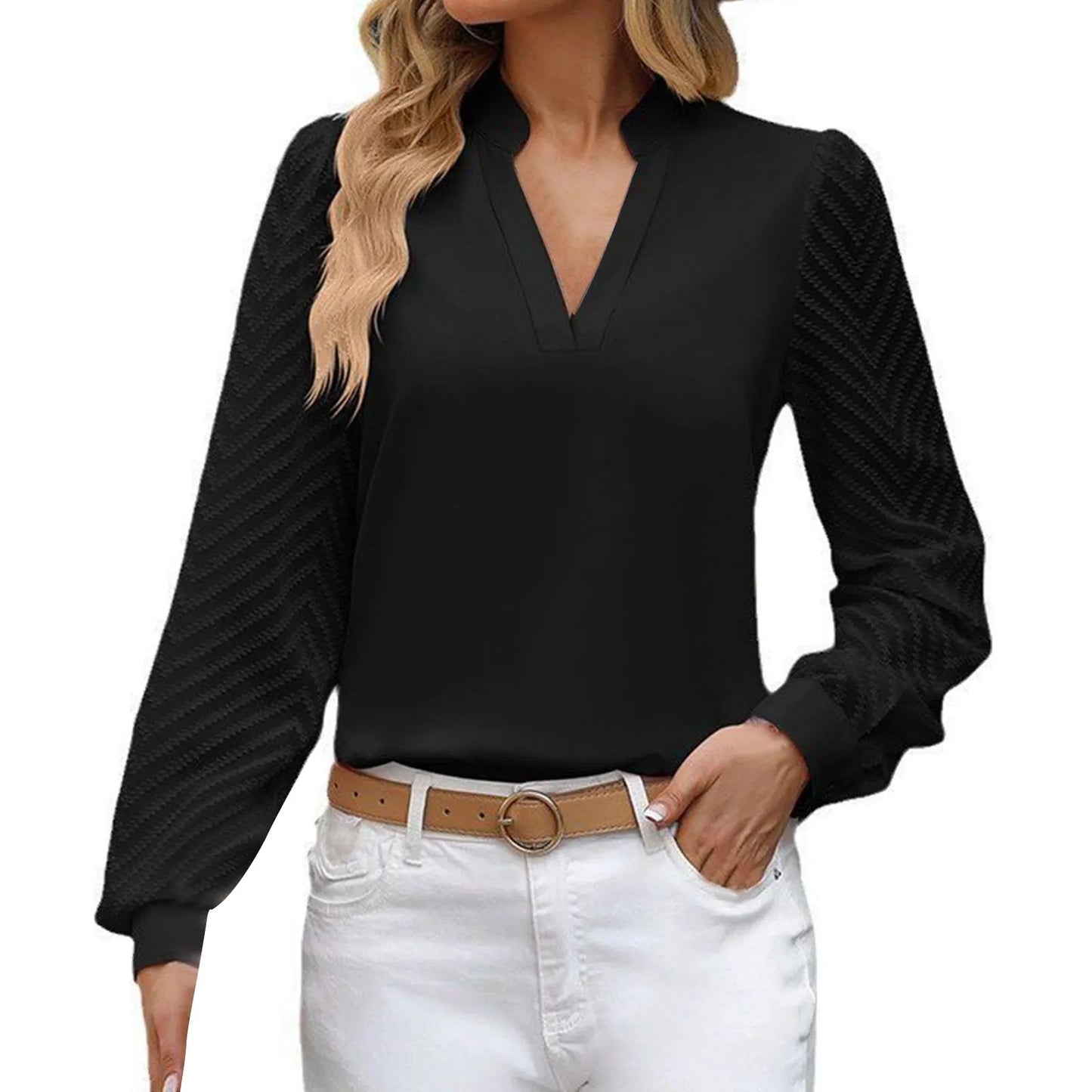 V Neck Spliced Chiffon Long Sleeve Blouses Formal Blusa Mujer