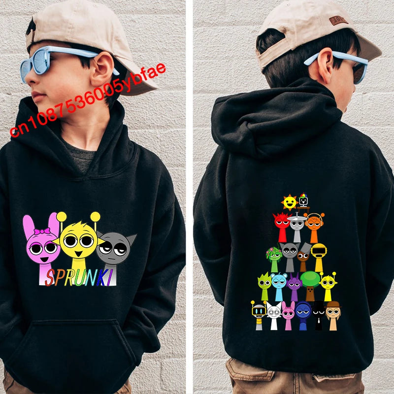 Cartoon Sprunki print kids hoodie black sports sweater casual children's clothing for boys