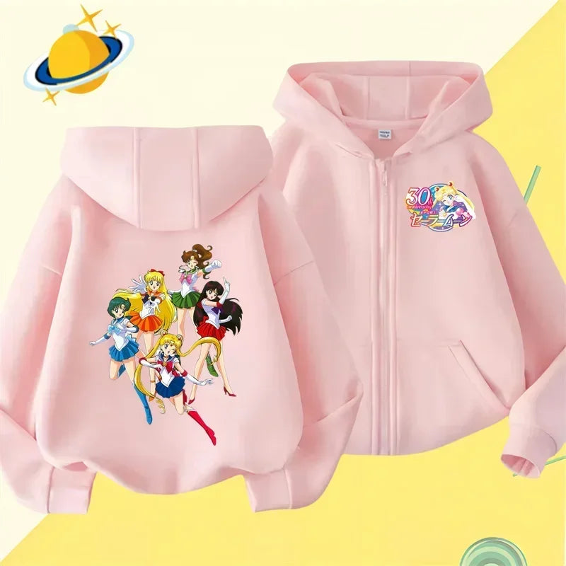 Anime Sailor Moon zipper hoodie for kids cartoon printed Fall/Winter long-sleeved sweatshirt casual girl Kawaii clothing