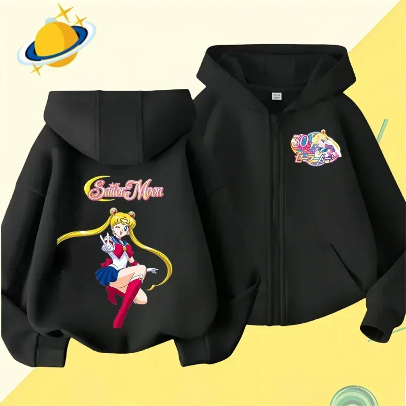 Anime Sailor Moon zipper hoodie for kids cartoon printed Fall/Winter long-sleeved sweatshirt casual girl Kawaii clothing