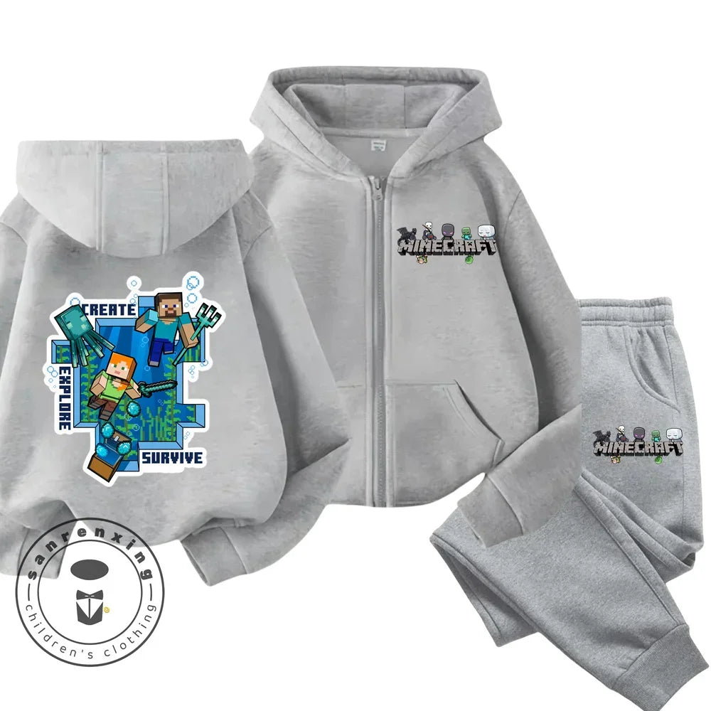 Cartoon Printed Minecraft Boy Zipper Hoodie Set Casual Sports Shirt Quality Comfortable Girl Clothing Autumn/Winter New Hoodies