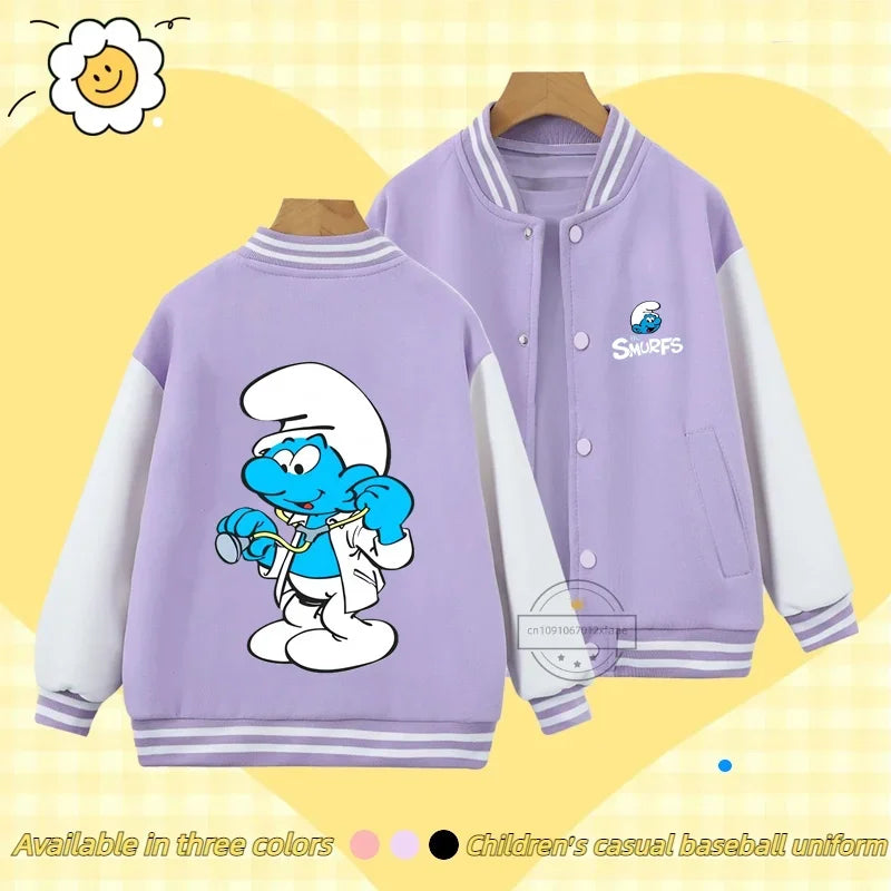 Smurfs Anime Men and Women's Casual Fashion Sports Baseball Jacket Cardigan Sweatshirt Jacket 3-14 Years Old Autumn