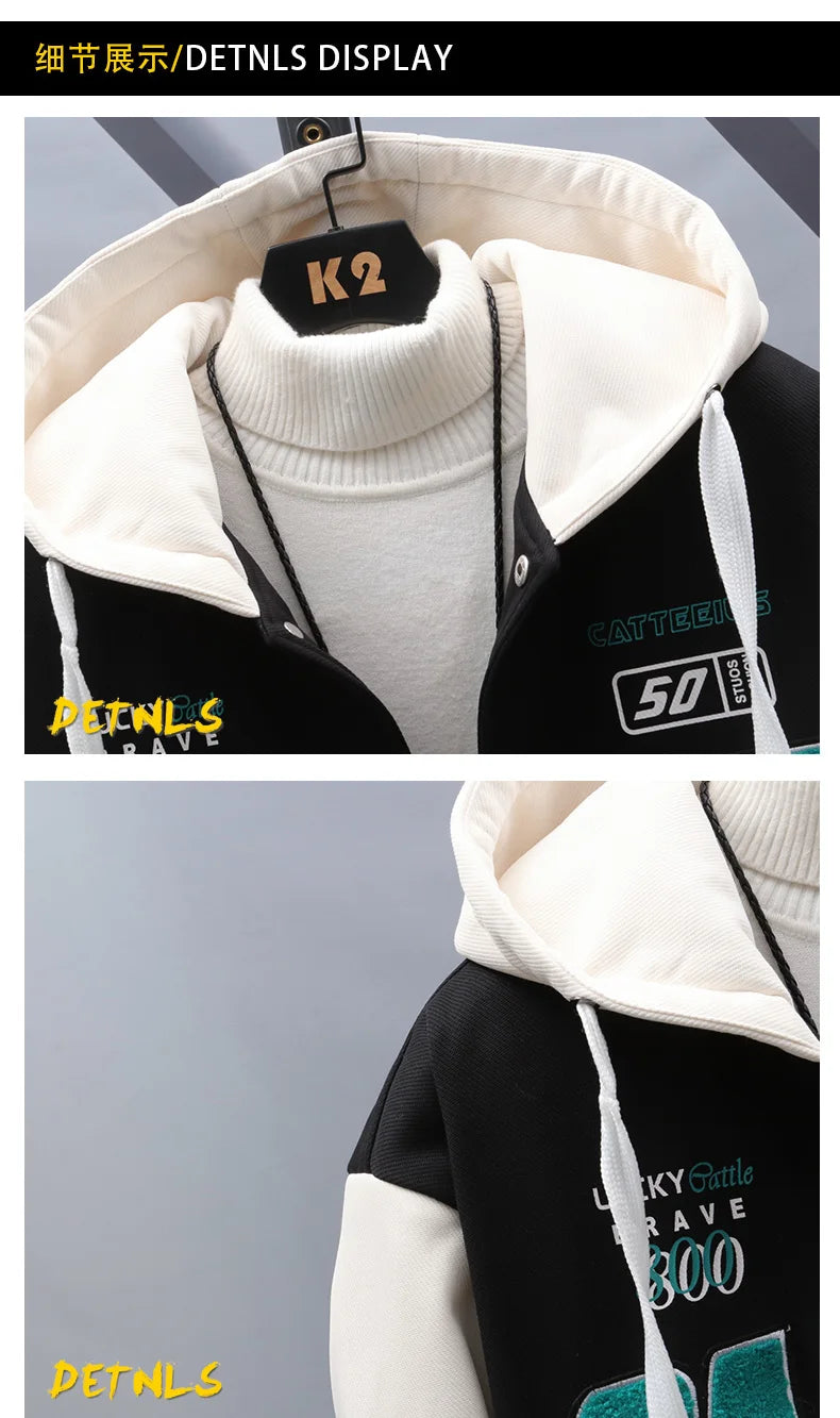 New 2024 Autumn Winter Men's Hooded Fleece Baseball Jackets Casual Warm Plush Coat Youth Streetwear Windproof Thick Padded Parka