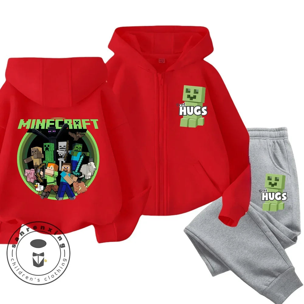 New Disney Minecraft Printed Pattern Children's Zipper Hoodie Set Cute Girls' and Boys' Casual Sports Hoodie Set Campus Style