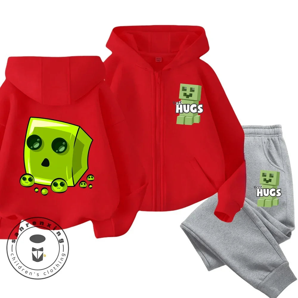 New Disney Minecraft Printed Pattern Children's Zipper Hoodie Set Cute Girls' and Boys' Casual Sports Hoodie Set Campus Style