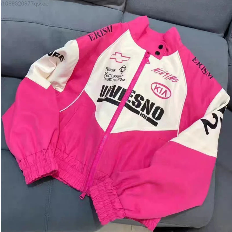 Amerikansk retro hot pink patchwork racerjakke til kvinder Y2k lynlås 2023 Ny løs oversize fit Casual bomberjakke frakke