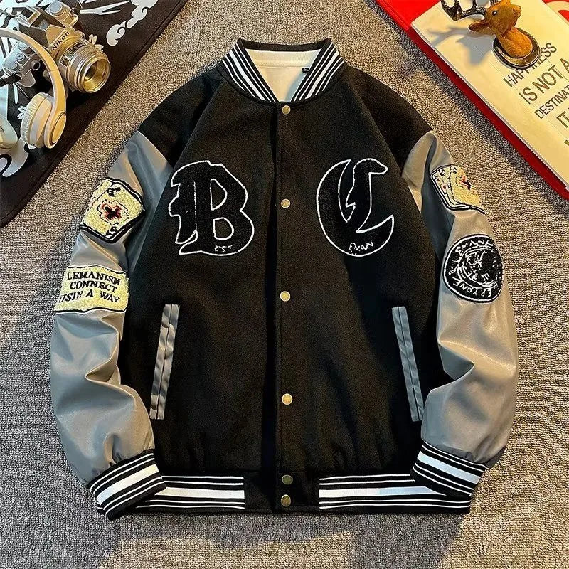 Y2K Harajuku Style New Fashion Vintage Baseball Uniform Woolen Coat Men American High Street Retro Couple Stitching Jacket Women