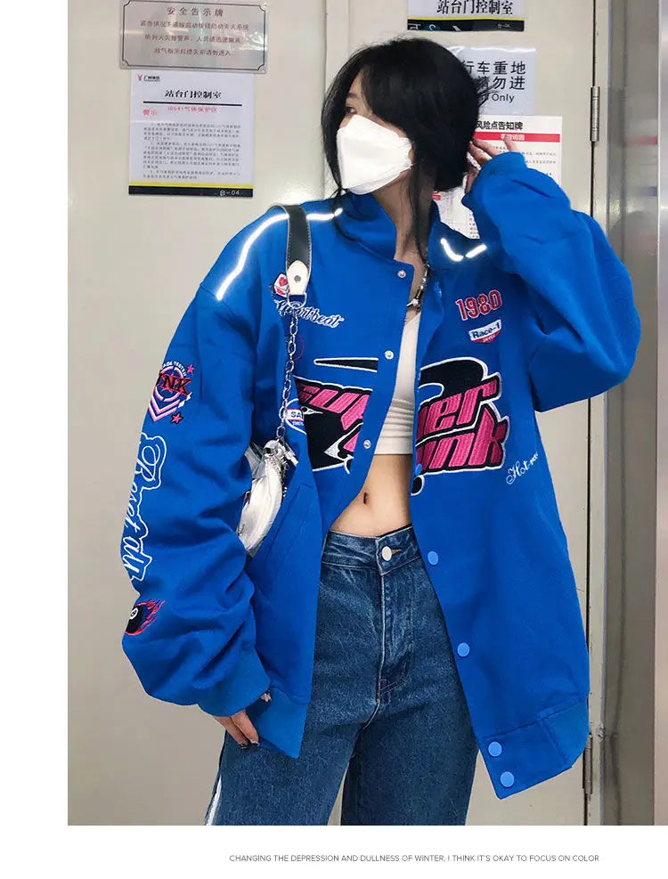 Button embroidery stitching racing suit ins tide brand baseball uniform retro fashion blue jacket jacket couple sportswear hot