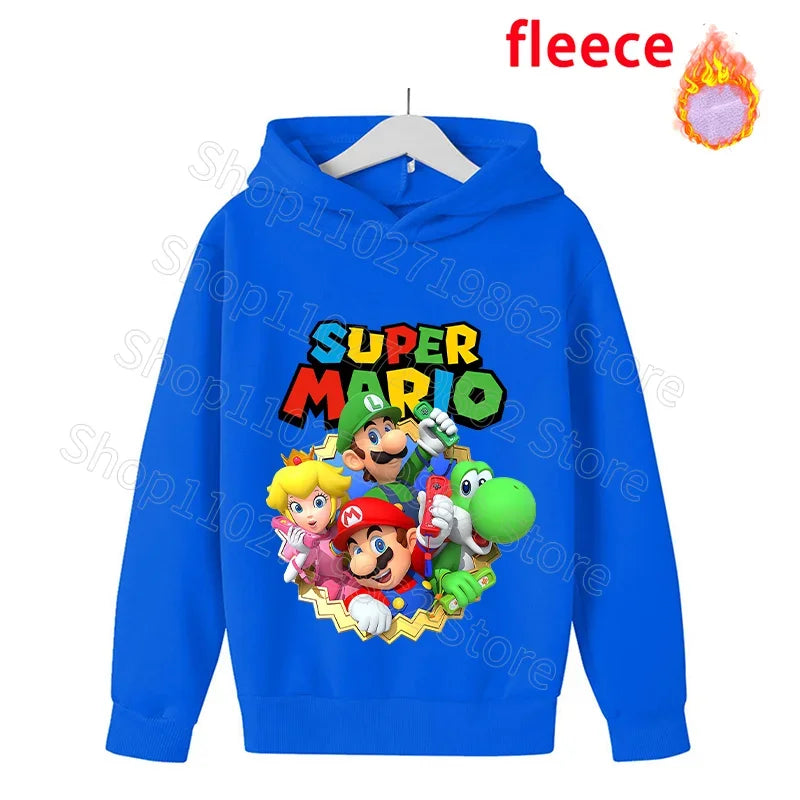 Super Mario Bros Kids Clothes Princess Peach Luigi Fleece Sweatshirts Cartoon Game Character Pattern Long Sleeves Baby Show Gift