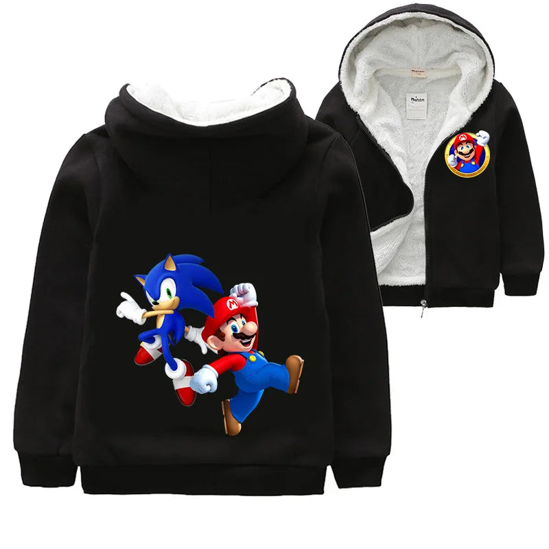 Mario Game Anime Peripheral Children's Clothing Warm Jacket Thickened Velvet Hooded Zipper Cardigan Coral Velvet Winter Coat