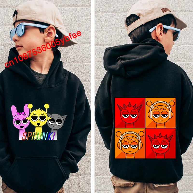 Cartoon Sprunki print kids hoodie black sports sweater casual children's clothing for boys