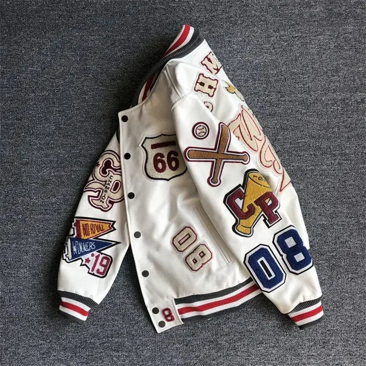 American retro high street embroidered jacket splicing print black eight baseball jacket 2024street wear baseball uniform jacket