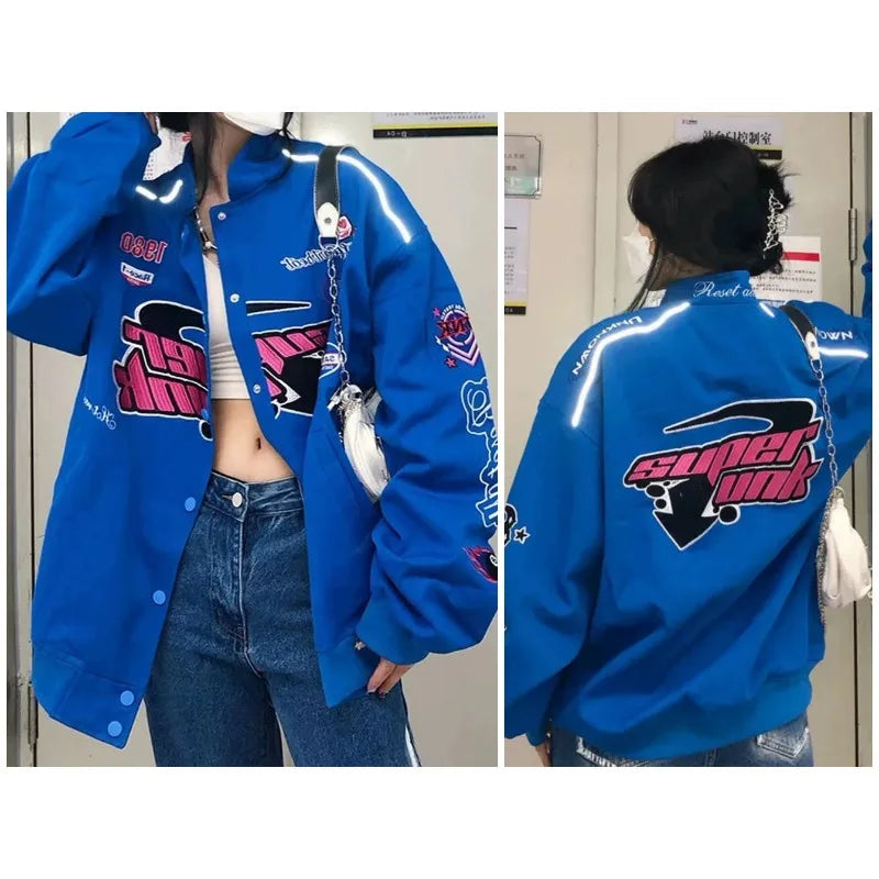 Vintage Jacket Men Women Streetwear Patchwork Baseball Jersey Hip Hop Loose Motorcycle Racing Jacket Spring Autumn Coat New