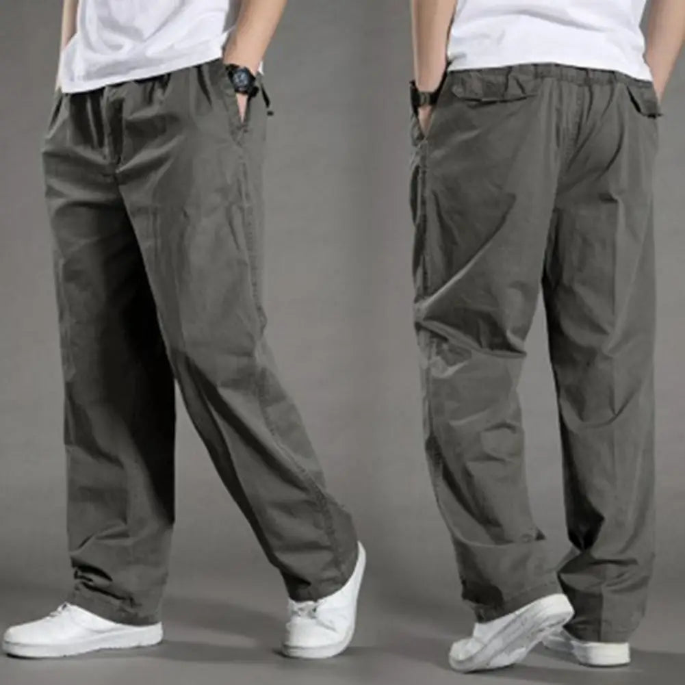 Men Cargo Pants Spring Fall Elastic Waist Drawstring Casual Pants Loose Large Pocket Male Straight Wide Leg Trousers