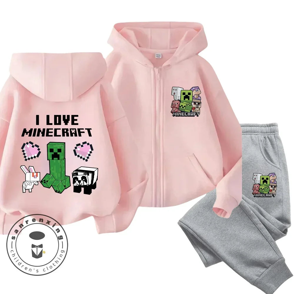 Melody Anime Printed Boy's and Girl's Minecraft Hoodies Zipper Set Casual Sports Fashion Top,Pants for Ages 3-14