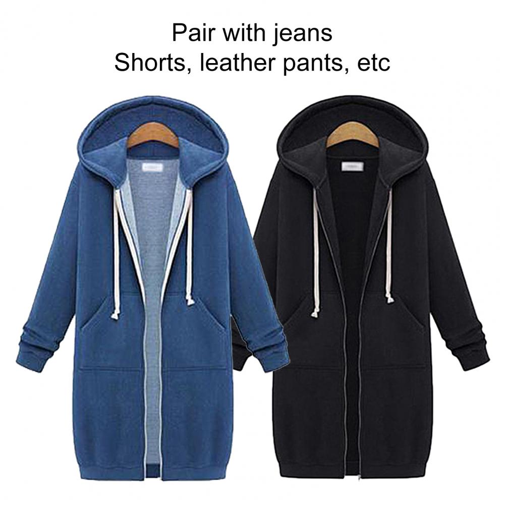 Solid Color Side Pockets Jacket Hoodie Long Sleeve Zipper Closure Drawstring Hooded Sweatshirt Ladies Clothing